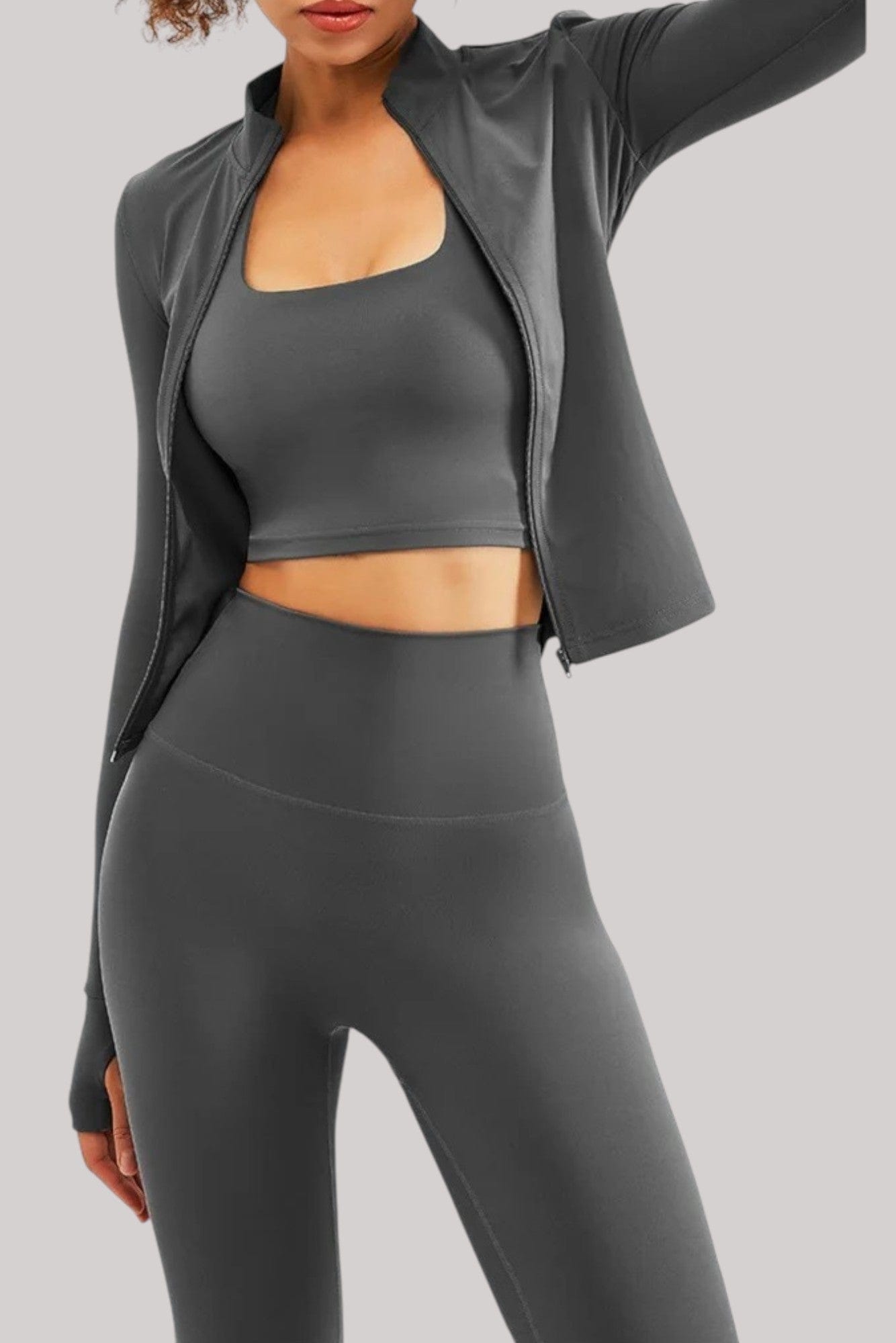 Ensemble Pilates – Legging + Brassière + Veste | Taille Haute Gris / S