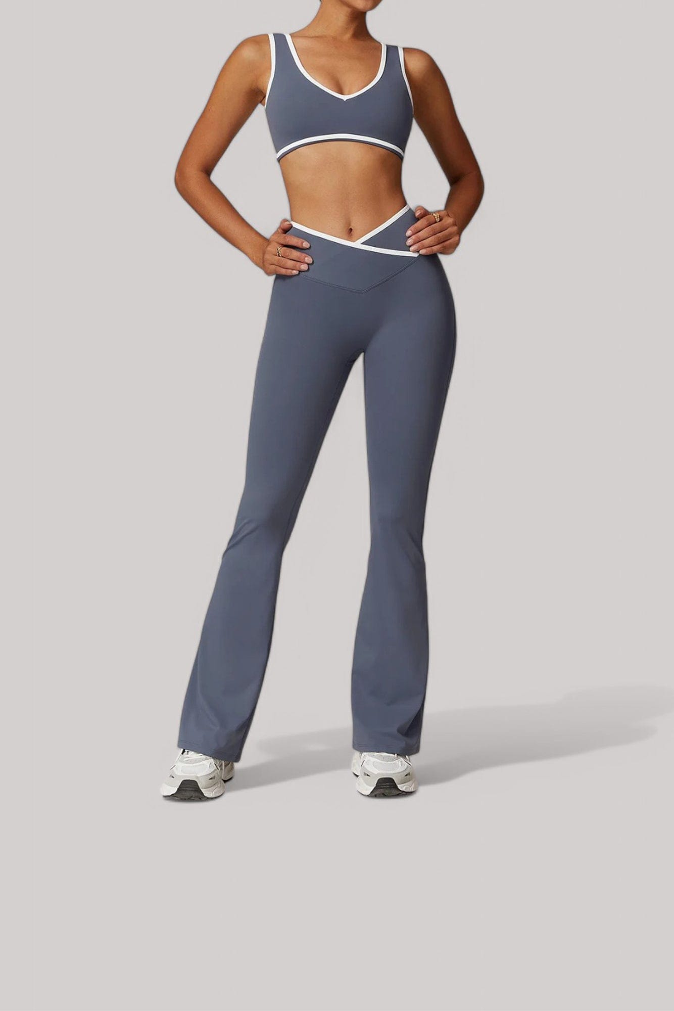 Ensemble sport femme – Legging + Brassière | Taille Croisée Bleu Gris / S