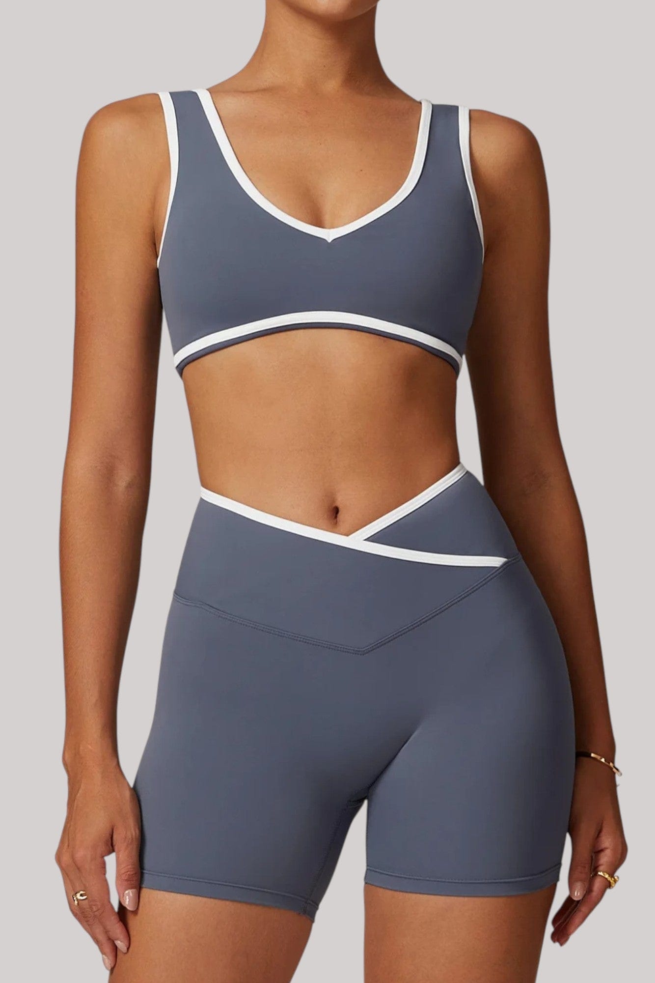 Ensemble sport femme – Short + Brassière | Taille Croisée Bleu Gris / S