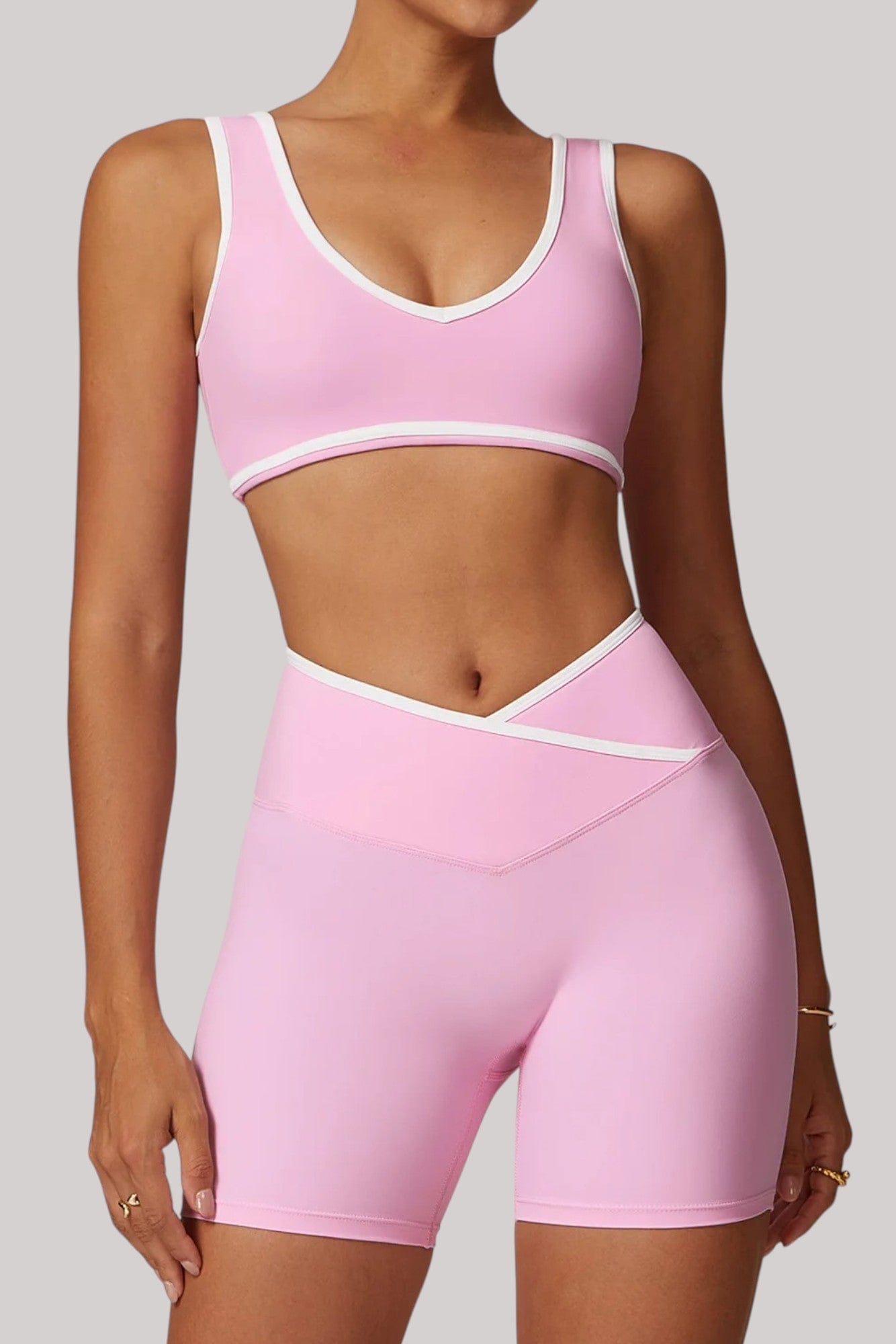 Ensemble sport femme – Short + Brassière | Taille Croisée Rose / S