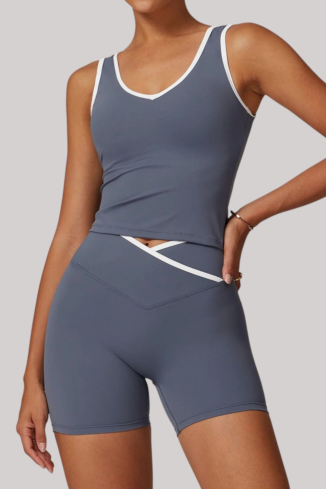 Ensemble Sport Femme – Short + Débardeur | Taille Croisée Bleu Gris / S