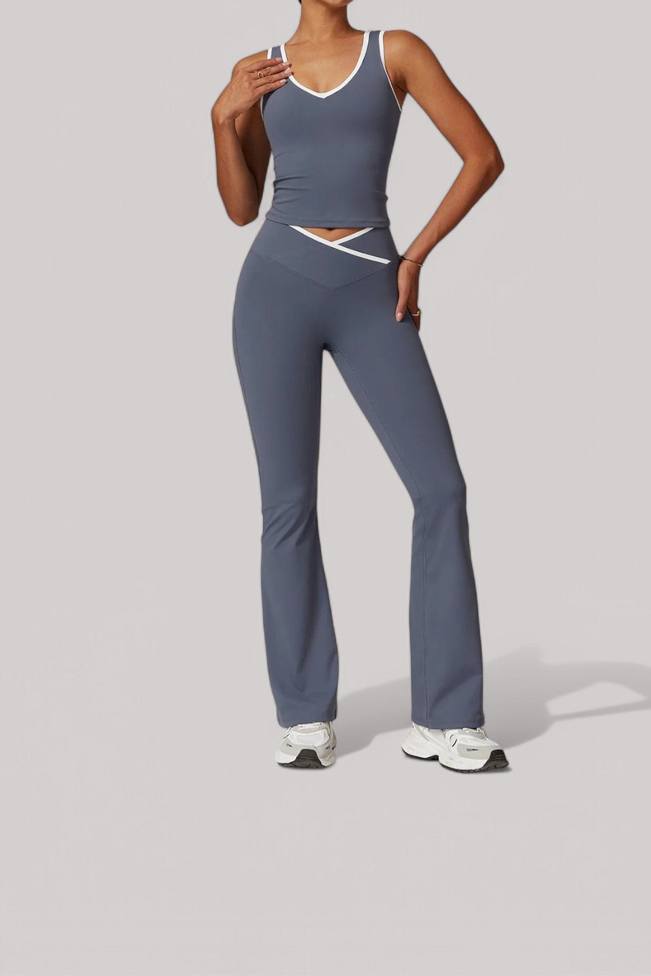 Ensemble sport femme – Legging + Débardeur | Taille Croisée Bleu Gris / S