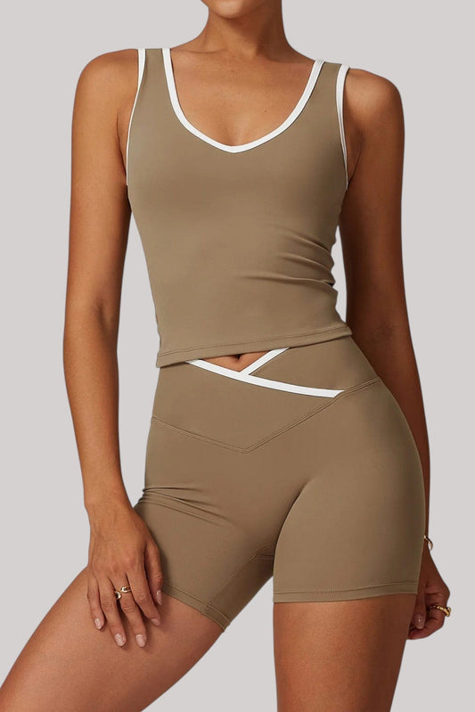Ensemble Sport Femme – Short + Débardeur | Taille Croisée Beige / S